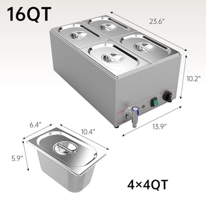 Valgus Commercial Stainless Steel 4 Sections Bain Marie Food Warmer 16 Qt | Buffet Server with Lid and Tap, 900W Power, 86-185°F Range, Dry Burn Protection, Suitable for Both Commercial Use and Home - size: 4 Sections with Tap