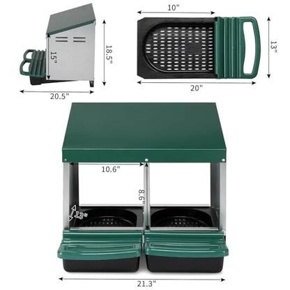 Chicken Nesting Boxes for Laying Eggs 2 Compartment, Roll Away Nest Boxes for Poultry, Pull Out Plastic Basket, Integrated Perch, Steel Frame, Hangable, Chicken Coop Metal for Hens, Ducks, Green - size: 21.3x20.5x18.5in