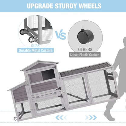 Large Chicken Coop with Run, 80.5’’ Chicken Tractor with Wheels, Wooden Hen House Poultry Cage with Plastic Waterproof Roof and Nesting Box, Leakproof Pull-Out Tray - color: Grey, size: 80.5"L x 21.2"W x 42.5"H