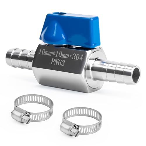 3/8" Hose ID Barb Ball Valve, 304 Stainless Steel Dual 10mm Barb Mini Heater Hose Shut Off Valve with Clamps for Fuel, Gas & Water Lines - size: 3/8 Inch