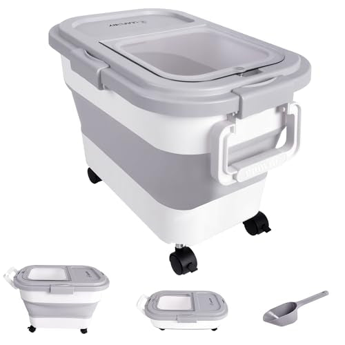 Dog Food Storage Container 20lbs, Airtight Pet Food Bin with Locking Lid & Clear Window, Collapsible Rolling Storage Container with Wheels & Scoop, Gray - color: Gray-S