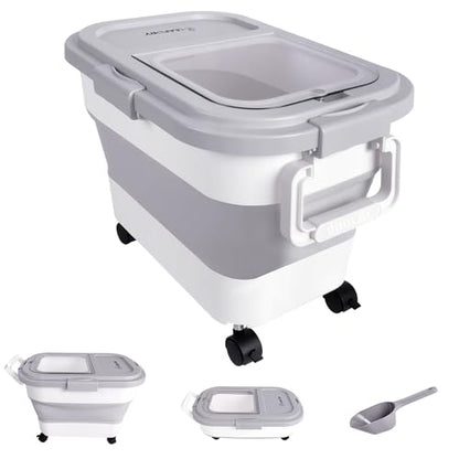 Dog Food Storage Container 20lbs, Airtight Pet Food Bin with Locking Lid & Clear Window, Collapsible Rolling Storage Container with Wheels & Scoop, Gray - color: Gray-S