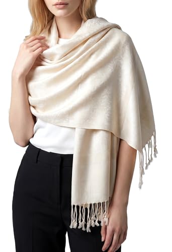 Achillea Two-Tone Vintage Paisley Pashmina Scarf – Lightweight Wrap & Shawl for Dresses, Weddings, Travel, All Seasons - color: Cream