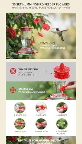 Hyuduo 30-Piece Hummingbird Feeder Replacement PartsHummingbird Feeder Rings Flower Feeding Ports for Garden Hummingbird Feeders (Red/White/Yellow) - color: Red