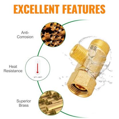 SUNGATOR Lead-Free Brass 3/8" Comp Inlet x 3/8" Outlet x 1/4" Outlet Add-A-Tee Valve, 3 Way Water Line Splitter, Compression Tee Connector with A Sealing Tape (2-Pack) - style: 3/8 x 1/4 Add-A-tee