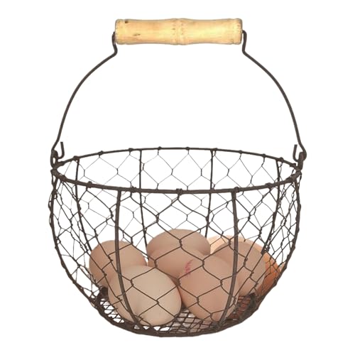 Farmhouse Wire Egg Basket For Gathering Fresh Eggs Iron Wire Storage Organizer With Handle Chicken Egg Collecting Basket Countertop Container Fruit Bin - color: Tan