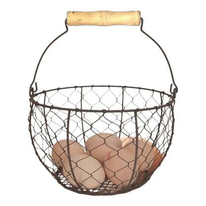 Farmhouse Wire Egg Basket For Gathering Fresh Eggs Iron Wire Storage Organizer With Handle Chicken Egg Collecting Basket Countertop Container Fruit Bin - color: Tan
