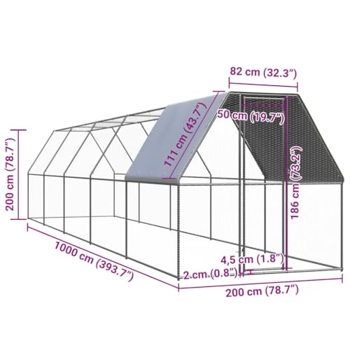 Galvanized Steel Outdoor Chicken Cage 6.6x32.8x6.6 ft Silver Animal Enclosure with Lockable Door - size: 6.6' x 32.8' x 6.6' (W x D x H)