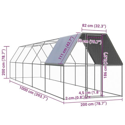 Galvanized Steel Outdoor Chicken Cage 6.6x32.8x6.6 ft Silver Animal Enclosure with Lockable Door - size: 6.6' x 32.8' x 6.6' (W x D x H)