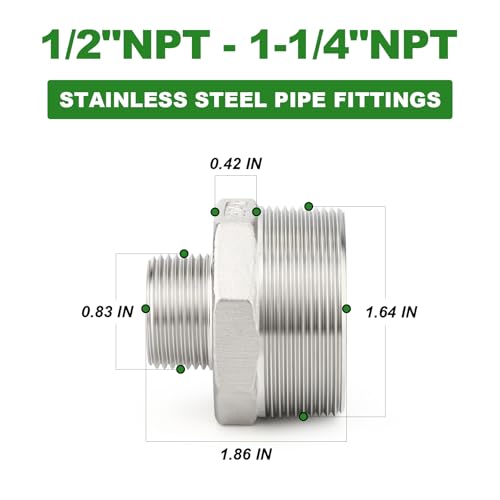 TAISHER 2PCS Cast 304 Stainless Steel Hex Nipple, Reducer Pipe Fitting 1-1/4" NPT Male x 1/2" NPT Male - size: 1-1/4" NPT x 1/2" NPT
