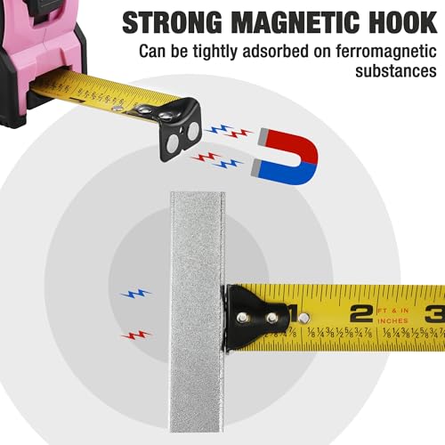 WORKPRO 16FT Pink Tape Measure, 1/8 Fractions Easy Read Measuring Tape, Retractable Nylon Coating Measurement Tape Accuracy 1/32, Magnetic Hook, Belt Clip, Rubber Protective Casing - color: Pink, size: 4.9 m