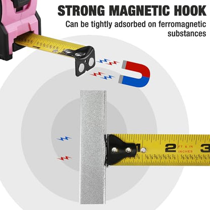 WORKPRO 16FT Pink Tape Measure, 1/8 Fractions Easy Read Measuring Tape, Retractable Nylon Coating Measurement Tape Accuracy 1/32, Magnetic Hook, Belt Clip, Rubber Protective Casing - color: Pink, size: 4.9 m
