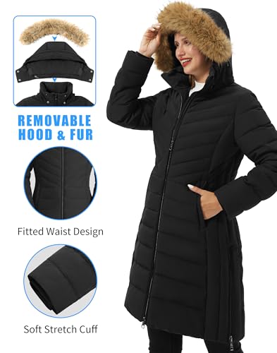 Pioneer Camp Women's Winter Coats Warm Thicken Long Puffer Jacket Waterproof Quilted Parka with Removable Faux Fur Hood - color: Black, size: Small