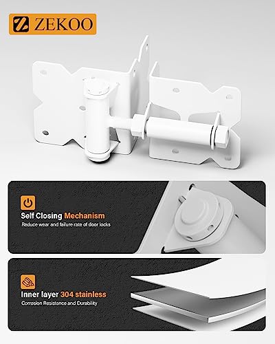 ZEKOO Stainless Steel Vinyl Fence Gate kit, Self Closing Gate Hinges and Latch, Rust Proof, Use for Vinyl Fence Gate and Wood Fences Gate, Heavy Duty 1 Gate Latch 2 Gate Hinges (White) - color: White One Set
