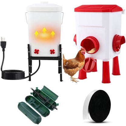 4 Pcs 3 Gallon 2 in 1 Heated Chicken Waterer with Heated Stainless Steel Table 26 Pounds Automatic Chicken Feeder Waterproof Outlet Box Pipe Insulation Tape Wrap for Winter Chick Coop