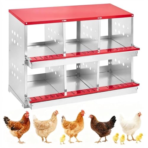 Metal Chicken Nesting Boxes - 8 Hole Wall-Mountable Laying Boxes with Flip-Top Lid & Roll-Away Egg Collection, Weatherproof Galvanized Steel, Includes 8 Fake Eggs for Chicken Coop, Red - color: Red, size: 6 compartment with Flip-top Egg collection box