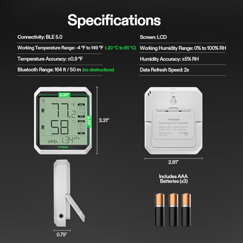 VIVOSUN AeroLab THB1 Wireless Bluetooth Hygrometer Thermometer Indoor, Smart Temperature Monitor, VPD, Digital Humidity Meter, LCD Remote Control & Alert, Data Storage, Dual Channels, Battery Included - style: Thermometer