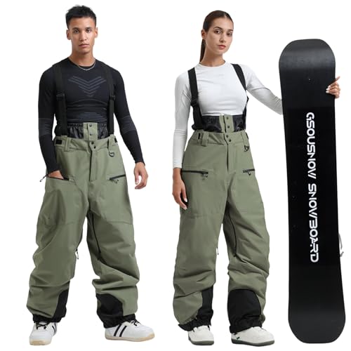 GSOU SNOW Men Women Snowboard Pants-Baggy Ski Snow Bibs | 15K Waterproof Overalls,Insulated Windproof Breathable,Detachable Shoulder Straps - color: Army Green, size: Small
