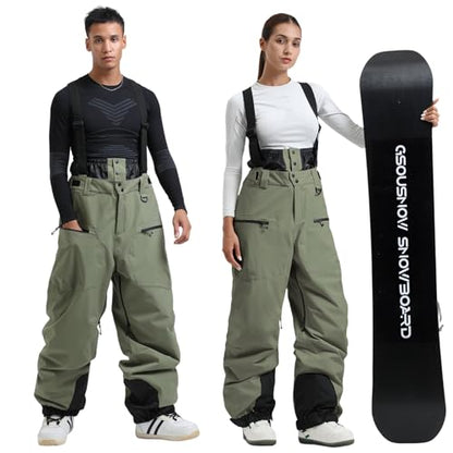 GSOU SNOW Men Women Snowboard Pants-Baggy Ski Snow Bibs | 15K Waterproof Overalls,Insulated Windproof Breathable,Detachable Shoulder Straps - color: Army Green, size: Small