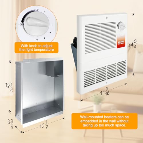 9815WH Large Capacity electric wall heater with Thermostat for Bedroom, Living Rooms, etc., Wall Heater 1500 Watt, 120/240 Volt, White