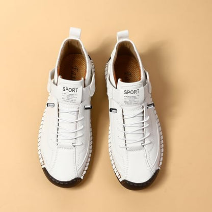 Womens Hand Stitching Leather Slip-On Ankle Boots with Adjustable Elastic Band Casual Lightweight Non-Slip Walking Loafers Retro High Top Flat Boat Shoes - color: White, size: 5 Wide