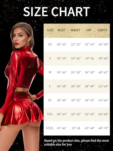 Kepblom Women's Metallic Crop Top Long Sleeve Mock Neck Turtleneck Holographic Zip Up Blouses - color: Red, size: Large