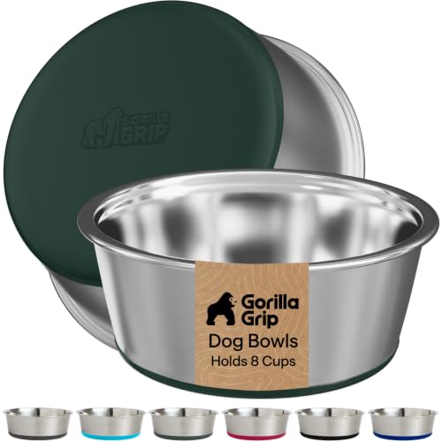 GORILLA GRIP Dog Bowls, Food Grade 304 Stainless Steel, Holds 8 Cups Each (64 fl oz) Food and Water Bowl for Feeding Dogs and Cats, Dishwasher Safe, Rust Resistant, BPA Free Rubber Base Set of 2 Green - color: Hunter Green, size: 8 Cup (64 Oz)