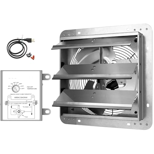 Simple Deluxe 12 Inch Wall Mounted Shutter Exhaust Fan with Temperature Controller and Power Cord Kit, Aluminum, 1600 RPM, 940 CFM, for Attic, Garage, Louvered Vent, Plant, Greenhouse, Silver - size: 12 Inch