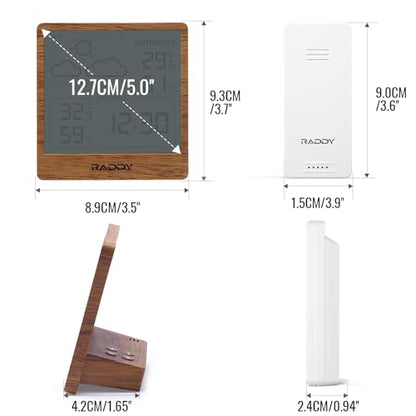 Raddy WF-50T Indoor Outdoor Thermometer Hygrometer Wireless Weather Station, Battery Powered Temperature & Humidity Monitor with 5.0’’ Display, Weather Forecast, Wireless Remote Sensor, Dark Wood