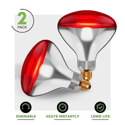KOR 250 Watt R40 Incandescent Light Bulbs (2-Pack) - Bathroom Infrared Heat Lamp for Chickens Puppies Reptiles Livestock Poultry, Sauna Red Light Therapy Bulb - 2,000 Hour Rated, E26 Base, 120V - color: Red