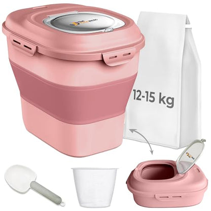Dog Food Storage Container 30-35 lb, Airtight Collapsible Cute Dog Food Container with Wheels & Scoop, Stackable Pet Food Storage Container for Dog & Cat Food - color: Pink
