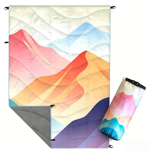 Outdoor Puffy Camping Blanket, Lightweight Down Alternative Printed Large Ultra Warm Quilt Waterproof for Traveling Picnic Beach Party Cold Weather (Multicolored Mountain) - color: Multicolored Mountain