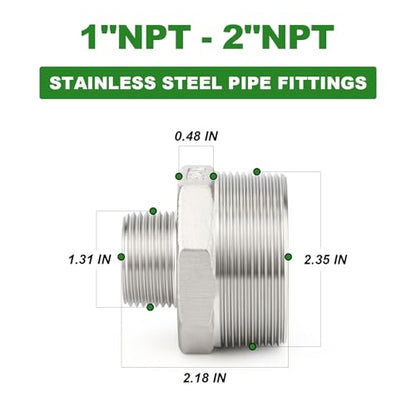 TAISHER 2PCS Cast 304 Stainless Steel Hex Nipple, Reducer Pipe Fitting 2" NPT Male x 1" NPT Male - size: 2" NPT x 1" NPT