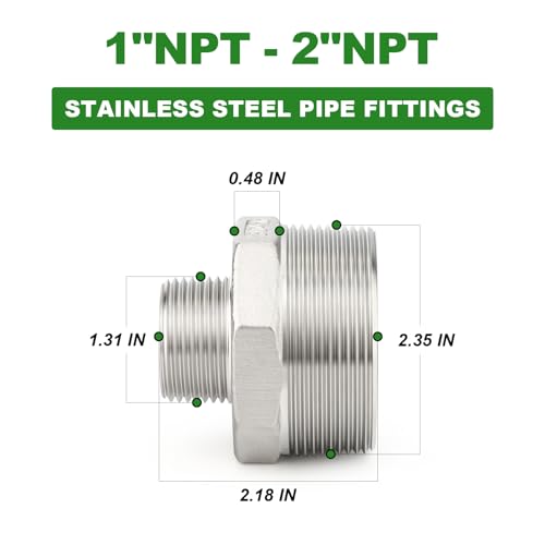 TAISHER 2PCS Cast 304 Stainless Steel Hex Nipple, Reducer Pipe Fitting 2" NPT Male x 1" NPT Male - size: 2" NPT x 1" NPT