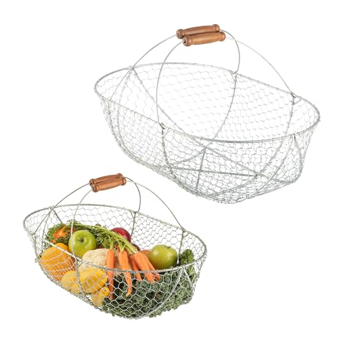 Garden Harvest Basket 2-Pack - Large and Small Gathering Hod for Veggies, Picnic or Farmhouse Decor - Rust-Resistant Mesh and Wood Handle Chicken Egg Basket for Collecting Eggs by Kings County Tools