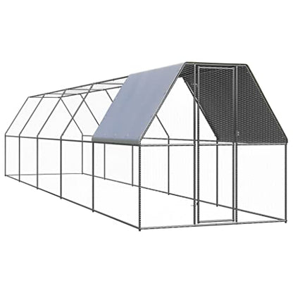 Galvanized Steel Outdoor Chicken Cage 6.6x32.8x6.6 ft Silver Animal Enclosure with Lockable Door - size: 6.6' x 32.8' x 6.6' (W x D x H)