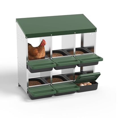 Heavy Duty Galvanized Steel Chicken Nesting Box – 6 Holes, Roll Away Egg Laying, Protective Lid, Wall Mounted or Freestanding, Easy Clean, Vented Pegboard Sides, Soft Mats, Green (Pegboard - color: Green, size: 6 Room&Mat Board