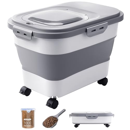 20-23 Lbs Dog Food Storage Container - Collapsible Dog Food Container with Attachable Casters and Scoop,Travel Silicone Bowl, Pet Food Storage Containers to Keep Dry Food Fresh,Easy to Move - color: Grey