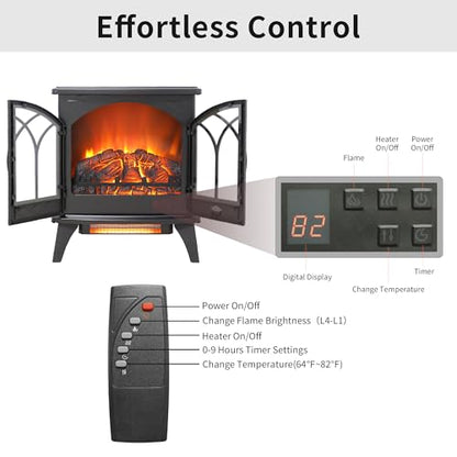 24" Electric Fireplace, Freestanding Fireplace Heater w/Realistic Flame, Remote, Timer, Adjustable Brightness, Thermostat, Overheating Protection, 1500W, Black - size: 24" (Dynamic Flames)