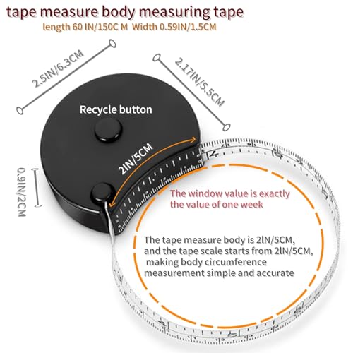 Tape Measure Body Measuring Tape Window Reading Retractable Soft Dual-Scale Tape with Lock Button for Weight Loss Muscle Building Sewing Tailor pet & Medical Measurements 60inch Fashion Tape - color: black