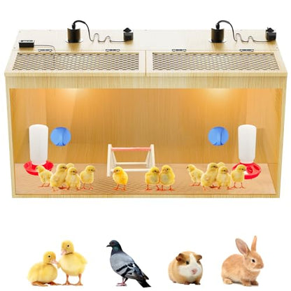 Brooder Box for Chicks, 32 Inch Large Wooden Chicken Brooder Box with 75W Heat Lamps, Thermometer, Chicken Feeder & Waterer Set, Tin Foil, Ideal for 12-15 Newborn Chicks Ducks Quails, Large