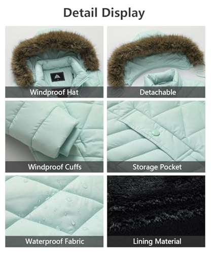 Women's Long Warm Winter Coat Windproof Thickened Fleece Lined Down Jacket Waterproof Puffer Outerwear with Removable Hood - color: Light Green, size: Large