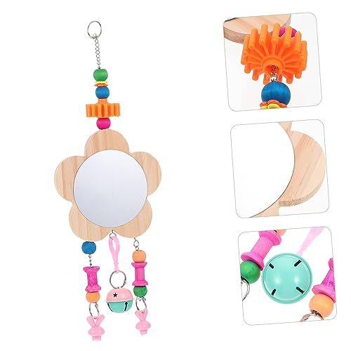 Sosoport Rooster Chicken Mirror Toy Bell Pendant for Cage Interactive Wooden Pet Supplies for Hens Reduces Boredom and Encourages Playfulness