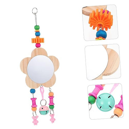 Sosoport Rooster Chicken Mirror Toy Bell Pendant for Cage Interactive Wooden Pet Supplies for Hens Reduces Boredom and Encourages Playfulness