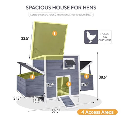 Large Chicken Coop for 2-6 Chickens, Wooden Hen House with 4 Nesting Boxes, Outdoor Chicken House Poultry Cage Rabbit Cage w/Ramps, Window & Openable Roof, 59''L*33.5''W*38.6''H - size: 59.0"L x 33.5"W x 38.6"H
