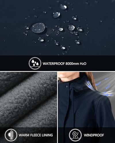 Outdoor Ventures Women's Lightweight Waterproof Fleece Lined Hooded Softshell Rain Jacket, Warm Windbreaker Long Coat - color: Dark Navy, size: X-Small