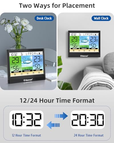 Geevon Weather Station Wireless Indoor Outdoor Thermometer Hygrometer with Dew Point, Heat Index, Touch LCD Display Digital Weather Thermometer with Alarm Clock and Adjustable Backlight