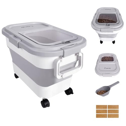 Wood Pellet Storage Container 20-25lbs, Airtight Bin with Locking Lid & Clear Window, Collapsible Pellet Bucket with Wheels, Scoop & Labels, Gray - color: Gray-M