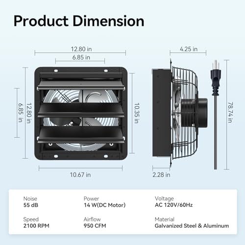 addlon 10 Inch Shutter Exhaust Fan Wall Mounted with EC Motors and Remote Control, Timer, 8 Speeds, 850CFM, Low Noise, Easy to Install, Plug in Ventilation Fan for Garages, Shops, Greenhouse, Attic - size: 10 inch