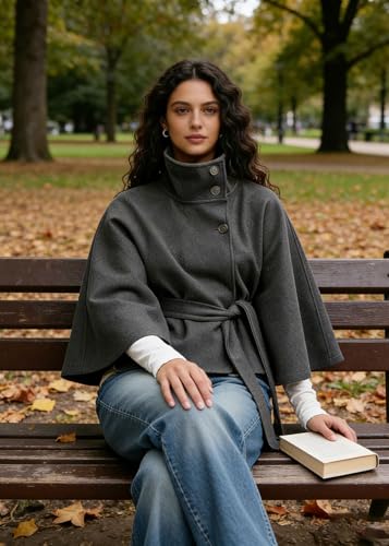 CHARTOU Women Batwing Sleeve Ponchos Pea Coat Wool Stand Collar Belt Capes Jacket Winter Cropped Overcoat - color: Grey, size: X-Small